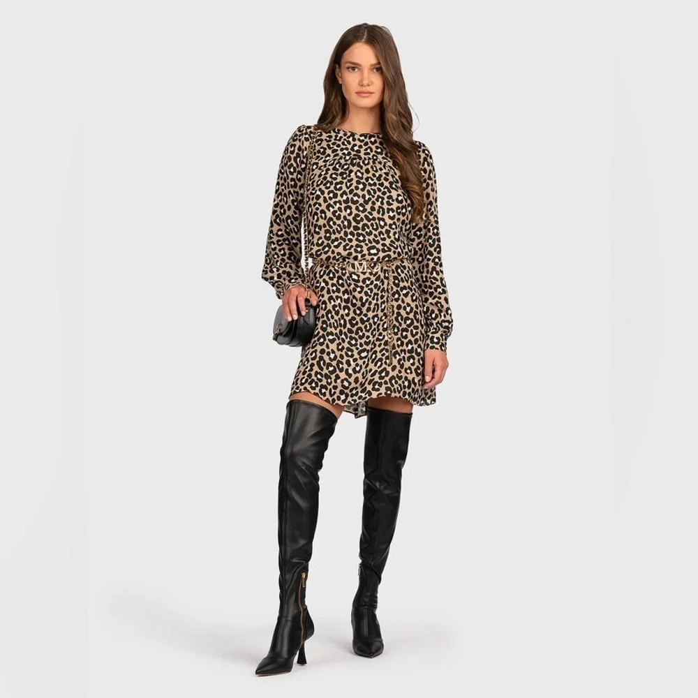 MICHAEL KORS LEOPARD PRINT MINIDRESS WITH MK BELT